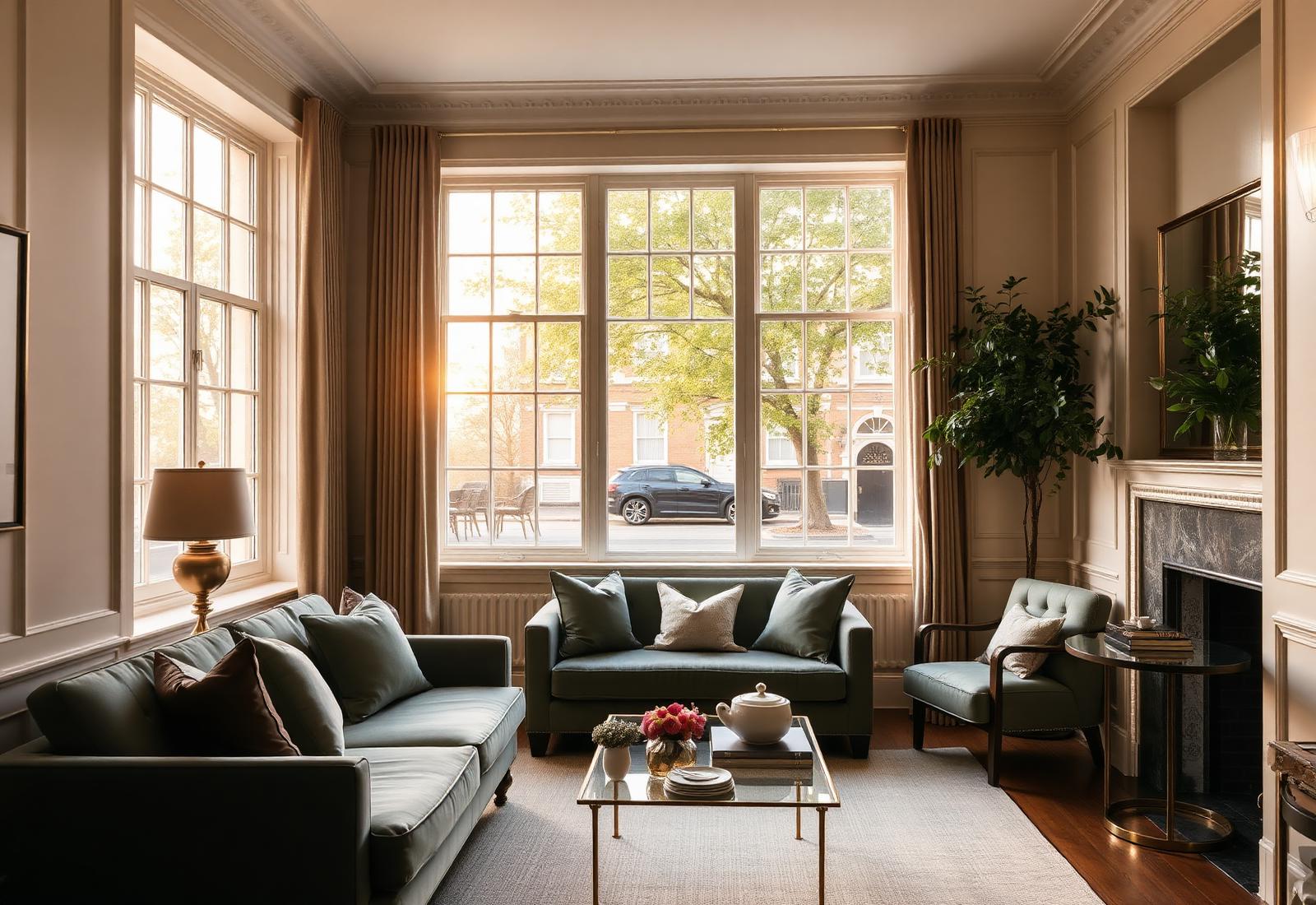 Elegant London townhouse interior with sage sofa and tall sash windows